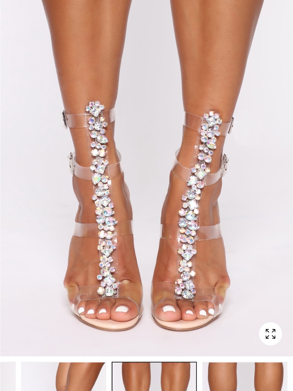Fashion Nova Crystal-Embellished Clear T-Strap Heels - Iridescent